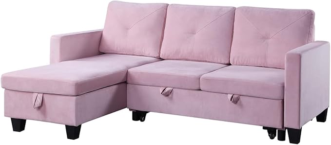 Reversible L Shaped Velvet Sectional Sofa Couch with Storage Chaise, Pull Out Sleeper Bed Removable Back Cushions for Living Room, Apartment, Small Space, Pink, 82.5 - LeafyLoom