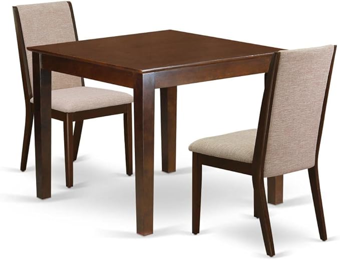 East West Furniture Oxford 3 Piece Room Furniture Set Contains a Square Dining Table and 2 Light Tan Linen Fabric Upholstered Chairs, 36x36 Inch, OXLA3-MAH-04 - LeafyLoom