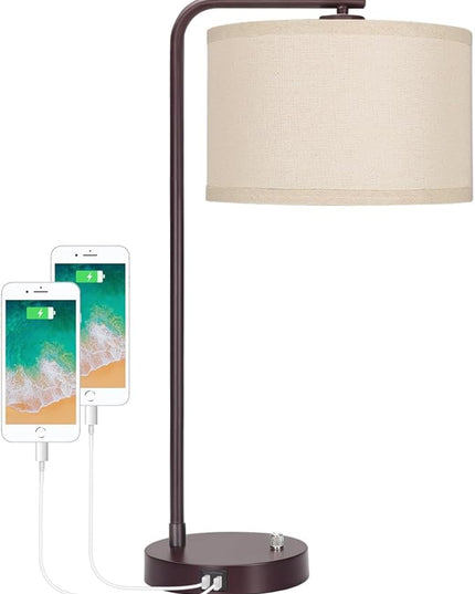 Side Table Lamp with Dual USB Ports, Dimmable Bedside Lamp Modern Nightstand Lamp Desk Reading Lamp with Linen Lampshade for Bedroom, Living Room, Study Room, Office, 9W 3000K LED Bulb Included - LeafyLoom