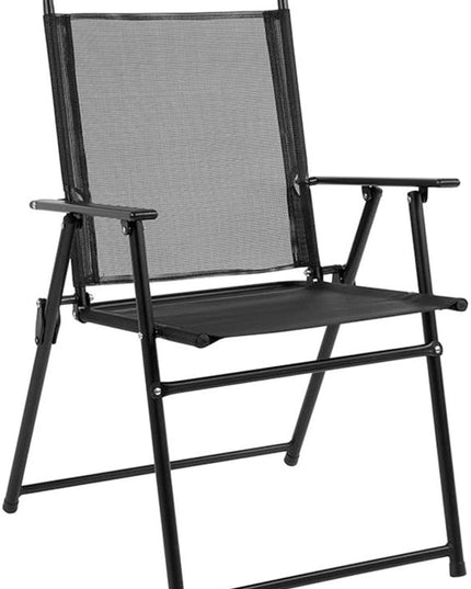 Flash Furniture Nantucket 6 Piece Patio Garden Table Set - Umbrella Table - Set of 4 Black Folding Chairs - LeafyLoom