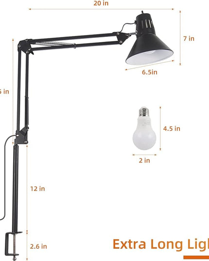 Desk Lamp for Home Office Eye-Caring Metal Extra Long Swing Arm Stable Clamp Flexible Gooseneck A19 E26 Bulb included as Table Working Reading Aesthetic Computer Versatile Light - LeafyLoom