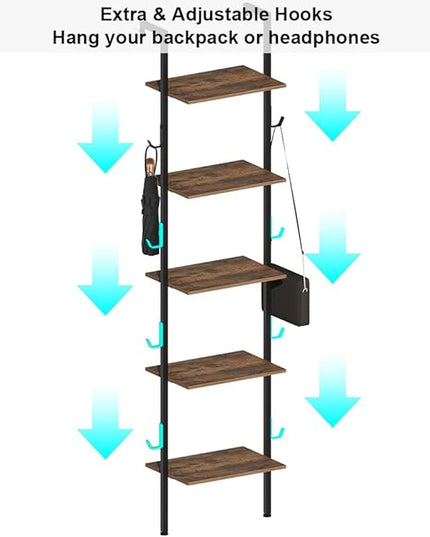 Industrial Bookshelf Wall Mounted 5-Tiers Ladder Shelf Wooden and Metal Narrow Thin Bookshelf Open Display Storage Rack for Living Room Bedroom Home Office (Rustic Brown, Small) - LeafyLoom
