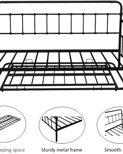 Twin Size Metal bed-Frame Daybed with trundle,Heavy Duty Steel Slat Support,Space Saving Sofa Bed,Modern 2 in 1 Sofa-Bed Frame for Kids Teens Adults,Bedroom Living Room Furniture,Black - LeafyLoom