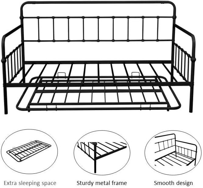 Twin Size Metal bed-Frame Daybed with trundle,Heavy Duty Steel Slat Support,Space Saving Sofa Bed,Modern 2 in 1 Sofa-Bed Frame for Kids Teens Adults,Bedroom Living Room Furniture,Black - LeafyLoom