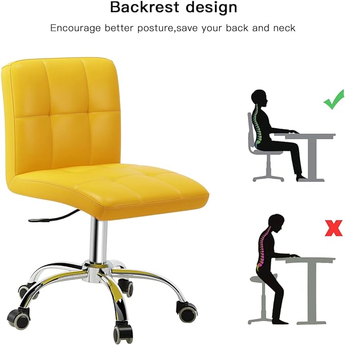 360° Office Desk Chair,PU Adjustable Rolling Task Chair with Backrest for Barber,Office,Home, Computer,360° Swivel,Armless (yellow) - LeafyLoom