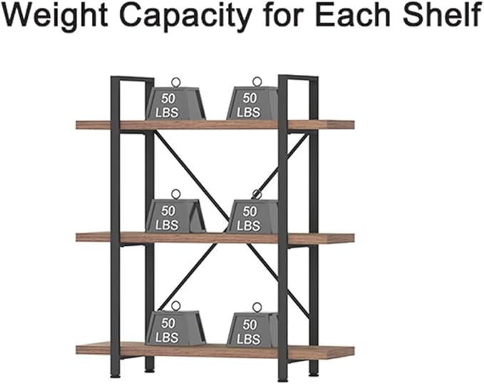 HSH Industrial 3 Tier Book Shelf, Modern Small Wood and Metal 3 Shelf Bookcase Etagere, Farmhouse Open Low 3 Tier Bookshelf and Display Storage Shelves for Bedroom Living Room Office, Rustic Oak - LeafyLoom