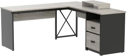 Bestier Lift Top L Shaped Desk with File Drawer, 55'' x 55'' Office Desk with Reversible Storage Drawers, L Shaped Standing Desk with Computer Monitor Stand (Retro Grey Oak Light) - LeafyLoom