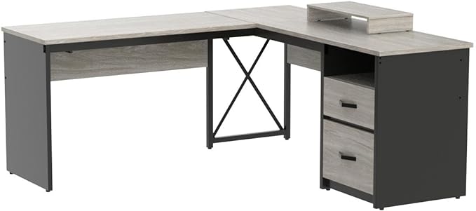 Bestier Lift Top L Shaped Desk with File Drawer, 55'' x 55'' Office Desk with Reversible Storage Drawers, L Shaped Standing Desk with Computer Monitor Stand (Retro Grey Oak Light) - LeafyLoom