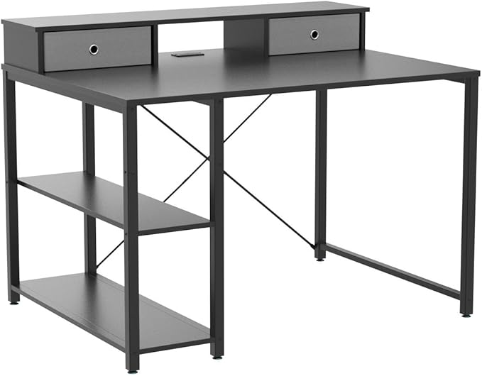 TOPSKY 47”x 31.5” Computer Desk with Drawers, Monitor Stand, Storage Shelf, 3-Port Charging Station (BLACK) - LeafyLoom