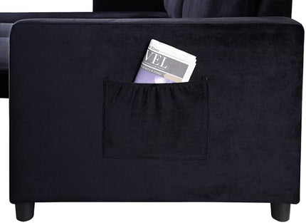 Reversible Velvet Sectional Sofa Sleeper with Storage Chaise and Side Pocket, Convertible Pull Out Couch Bed w/Cup Holder, USB Charging Port, Black, 81.5 - LeafyLoom