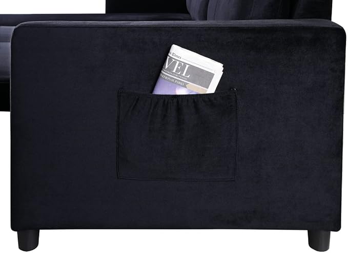 Reversible Velvet Sectional Sofa Sleeper with Storage Chaise and Side Pocket, Convertible Pull Out Couch Bed w/Cup Holder, USB Charging Port, Black, 81.5 - LeafyLoom
