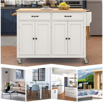 Elefesign FridayParts Kitchen Island Cart with Solid Wood Top and Locking Wheels, 54.3 Inch Width, 4 Door Cabinet and Two Drawers, Spice Rack, Towel Rack, White - LeafyLoom