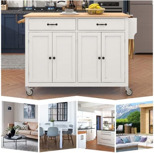 Elefesign FridayParts Kitchen Island Cart with Solid Wood Top and Locking Wheels, 54.3 Inch Width, 4 Door Cabinet and Two Drawers, Spice Rack, Towel Rack, White - LeafyLoom