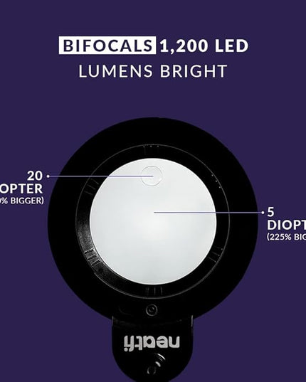 Neatfi XL Bifocals 1,200 Lumens Super LED Magnifying Lamp with Clamp, 3 Light Modes, Correlated Color Temperature Control (3000K-4500K-6000K), 12W, 120 Pcs SMD LED (Black, 6 Inch Lens) - LeafyLoom