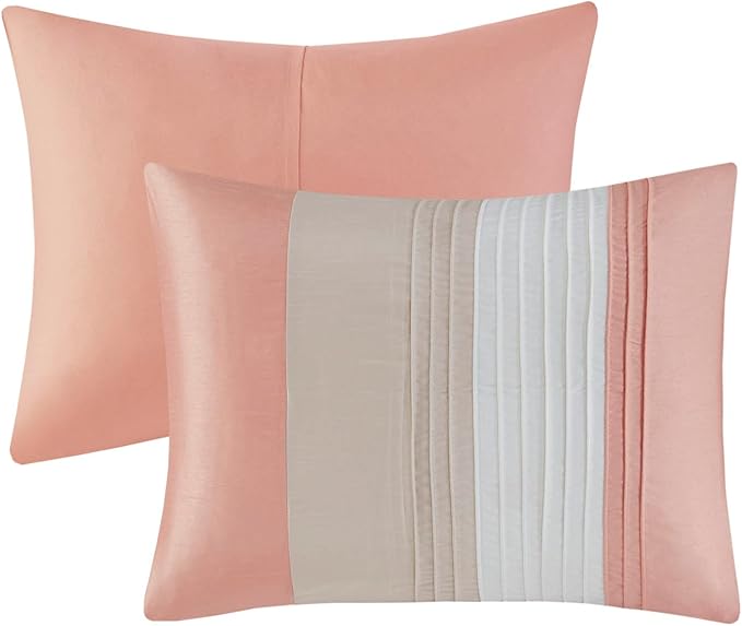 Madison Park Amherst Faux Silk Comforter Set - Casual Contemporary Design, All Season Down Alternative Bedding, Matching Shams, Bedskirt, Decorative Pillows, Cal King(104"x92"), Coral 7 Piece - LeafyLoom