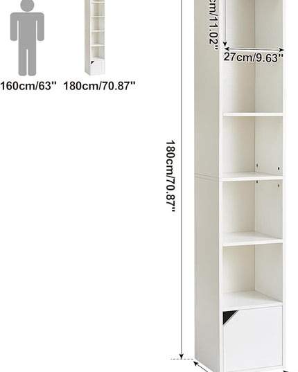 IBUYKE 6 Tier Tall Narrow Bookcase, Modern White Corner Bookcase with Doors Storage,Cube Media Tower Rack,Cabinet,Floor Standing Display Storage Shelves for Small Spaces,for Home Office White UWBC001W - LeafyLoom