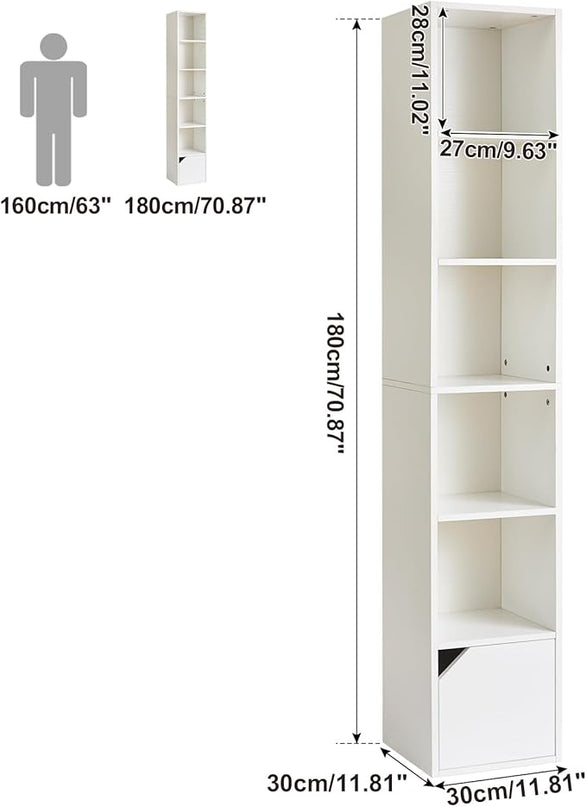 IBUYKE 6 Tier Tall Narrow Bookcase, Modern White Corner Bookcase with Doors Storage,Cube Media Tower Rack,Cabinet,Floor Standing Display Storage Shelves for Small Spaces,for Home Office White UWBC001W - LeafyLoom