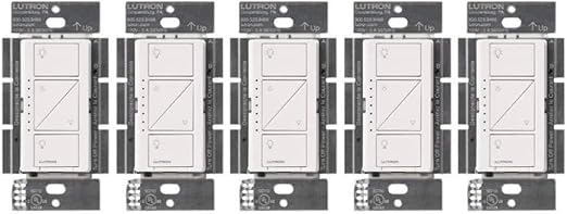 Lutron Caseta Original Smart Dimmer Switch (Lutron Smart Hub Required), for LED Lights, 150 Watt, Single-Pole/3-Way, No Neutral Required, PD-6WCL-WH 5-PACK, White, 5 Pack Lutron