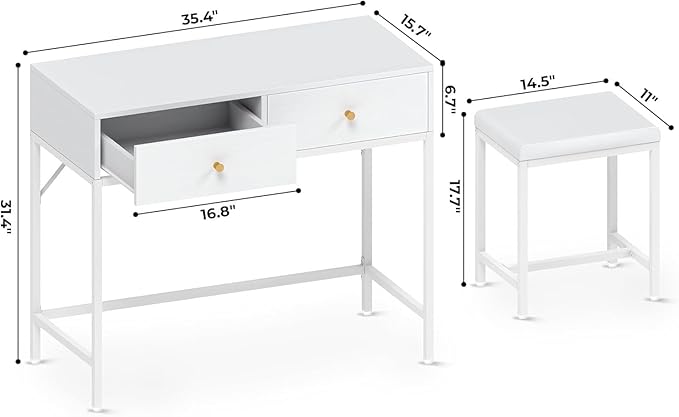 SUPERJARE 35.4" White Desk with 2 Drawers, Modern Makeup Vanity Desk with Padded Stool, Small Computer Desk Home Office Desk for Writing Study Bedroom - LeafyLoom