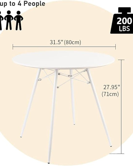 White Round Dining Table Round Table Dia 31.5" Wood Top Metal Legs Simple Modern Kitchen Table for 2 to 4 People Small Place Cafe Office Conference - LeafyLoom