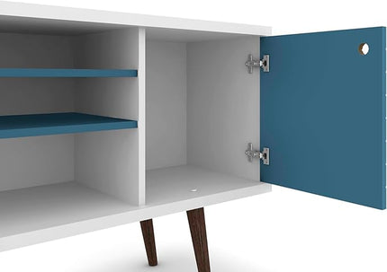 Manhattan Comfort Liberty Mid Century Modern TV Stand for Televisions up to 50 Inches, Bedroom and Living Room Entertainment Center with Storage, Shelves, and Cabinet, 53" Wide, White and Aqua Blue - LeafyLoom