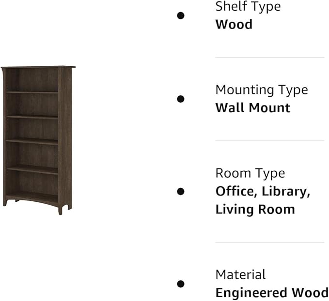 Bush Furniture Salinas Tall 5 Shelf Bookcase in Ash Brown - LeafyLoom
