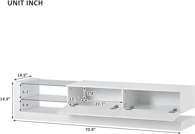 Merax TV Stand with Media Storage Cabinet, Modern High Gloss Entertainment Center for 75 Inch Television, 16 RGB LED Color Changing Lights, for Living Room, 74.8 inch Length, White - LeafyLoom