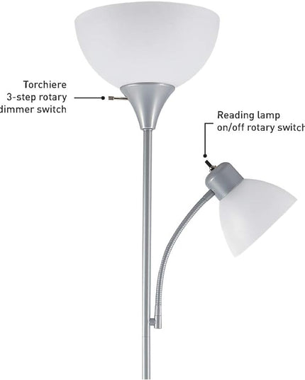 Globe Electric 67134 72" Torchiere Floor Lamp + Adjustable Reading Light, Silver, Frosted Plastic Shade, 3-Step Rotary Switch on Socket, Living Room Décor, Reading Light, Home Essentials, Bedroom - LeafyLoom