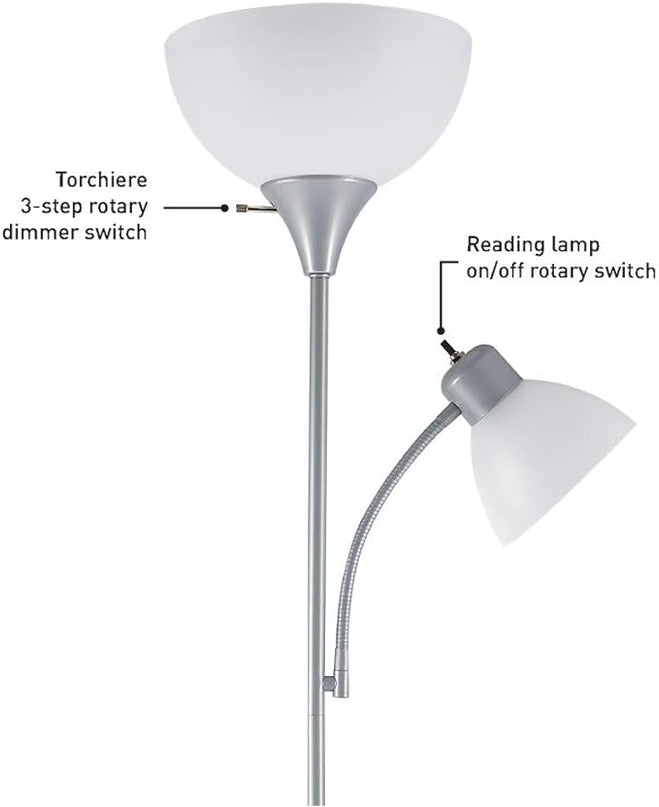 Globe Electric 67134 72" Torchiere Floor Lamp + Adjustable Reading Light, Silver, Frosted Plastic Shade, 3-Step Rotary Switch on Socket, Living Room Décor, Reading Light, Home Essentials, Bedroom - LeafyLoom