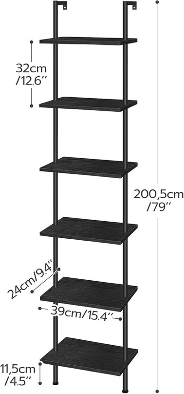 HOOBRO DIY Ladder Shelf, 6-Tier Wooden Wall Mounted Bookshelf, Narrow Bookcase, Display Shelf, Storage Rack, Plant Stand, for Living Room, Bedroom, Study, Balcony, Black BB651CJ01 - LeafyLoom