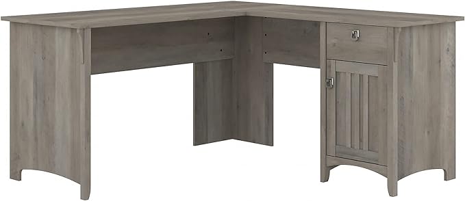 Bush Furniture Salinas L Shaped Desk with Storage in Driftwood Gray | Modern Farmhouse Corner Table with Drawers and Cabinets for Home Office - LeafyLoom