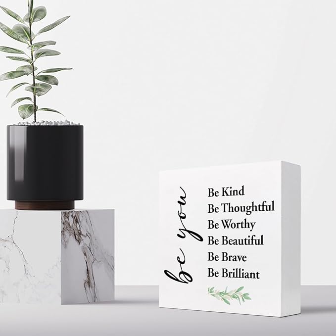Be You Be Kind Be Thoughtful Wood Block Sign Desk Decor,Rustic Motivational Wooden Box Plaque Sign Desk Decor for Home Girls Bedroom Office Dorm Shelf Table Decor Decorations - LeafyLoom