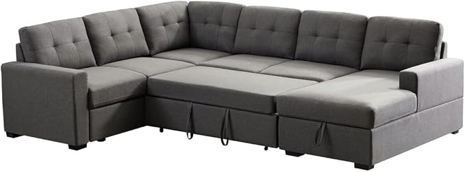 LOVMOR Living Room U Shape Large Sectional Sofa with Pull Out Sleeper Bed, Storage Chaise, Corner Couch with Arms and 2 Cup Holder for Home Furniture, Apartment, Dorm, Dark Gray, 90 Inch - LeafyLoom