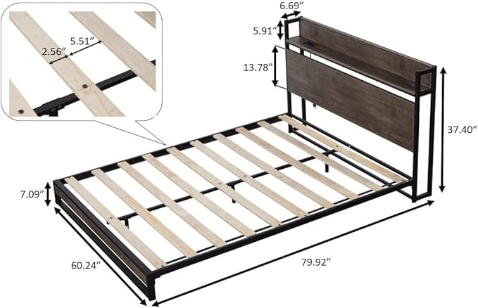 Queen Size Metal Platform Bed Frame with Wooden Headboard,Built-in Socket, Fast Assemble Design,No Box Spring Needed,Bedroom Furniture,Black - LeafyLoom