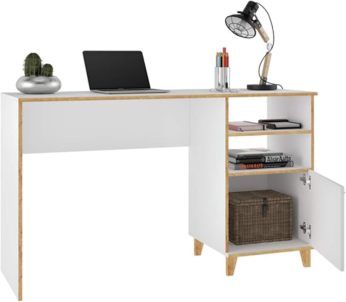 Manhattan Comfort Minetta Mid-Century Modern Home Office Desk, White - LeafyLoom