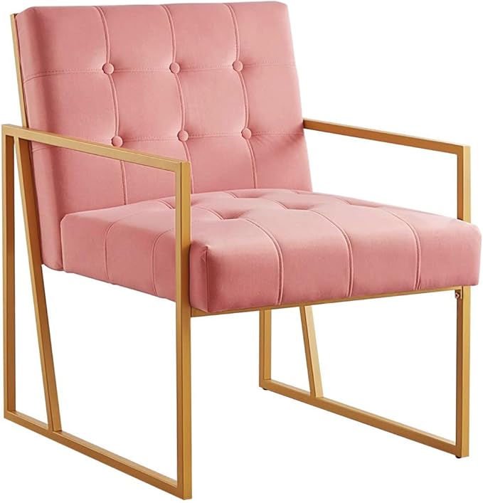 24KF Modern Blush Velvet Button Tufted Accent Chair with Golden Metal Stand, Decorative Furniture Chairs for Living Room Bedroom - Blush - LeafyLoom