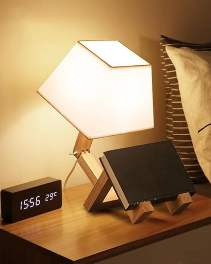 ELINKUME Cute Robot Desk Lamp,Dimmable Bedside Table Lamps,Square Lampshade Night Light with Foldable Solid Wood Body,Fun Kids Lamp, Nightstand lamp for Bedroom,Study,Office,Living room(Gift) - LeafyLoom