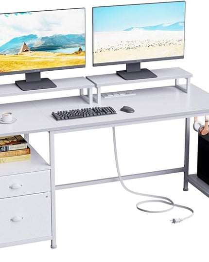 Furologee White Computer Desk with Drawer and Power Outlets, 55" Large Gaming Desk with Fabric File Cabinet and 2 Movable Monitor Shelves, Writing Table with CPU Stand and 2 Hooks for Home Office - LeafyLoom