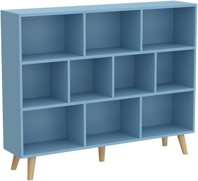 IOTXY Wooden Open Shelf Bookcase - 3-Tier Floor Standing Display Cabinet Rack with Legs, 10 Cubes Bookshelf, Bright Blue - LeafyLoom