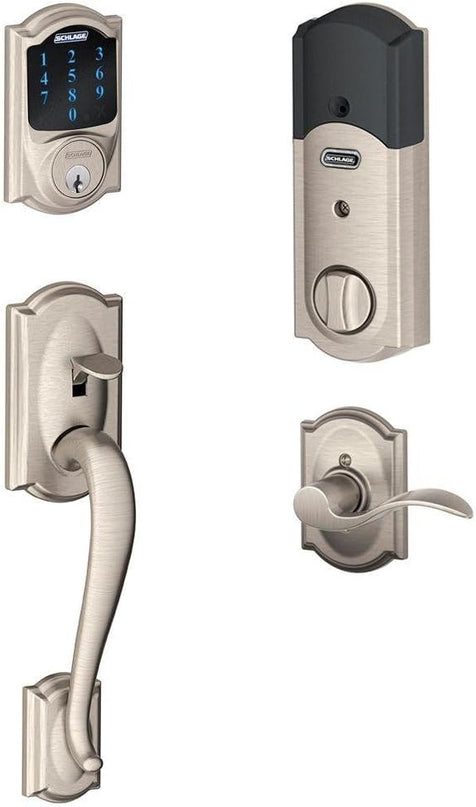 SCHLAGE Connect Camelot Touchscreen Deadbolt with Built-In Alarm and Handleset Grip with Accent Lever, Satin Nickel, FE469NX ACC 619 CAM LH, Works with Alexa SchlageLockCompany
