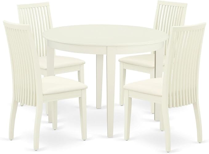 East West Furniture BOIP5-WHI-C 5Pc Set Includes a Round Dinette Table and Four Linen Fabric Seat Dining Chairs, White Finish, 42x42 Inch - LeafyLoom