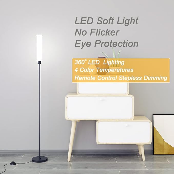 Floor Lamp with Remote Control,Bright Floor Lamps for Living Room/Bedroom/Office, Stepless Adjustable 3000K-6000K Colors and 10-100% Brightness,Standing Light with Foot Switch (Black) - LeafyLoom