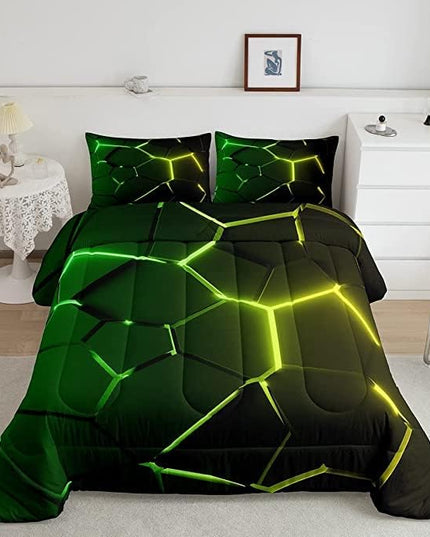 Honeycomb Comforter Green Yellow Hexagonal Print Bedding Set for Kids Boys Girls Children Beehive Geometrical Comforter Set Ultra Soft Decor Reticulated Duvet Set King Size - LeafyLoom
