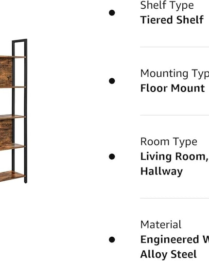 VASAGLE 5-Tier Bookshelf, Book Shelf, Industrial Bookcase, with Steel Frame, for Living Room, Home Office, Bedroom, 9.4 x 24.4 x 65 Inches, Rustic Brown and Black ULLS025B01 - LeafyLoom