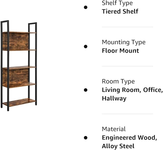 VASAGLE 5-Tier Bookshelf, Book Shelf, Industrial Bookcase, with Steel Frame, for Living Room, Home Office, Bedroom, 9.4 x 24.4 x 65 Inches, Rustic Brown and Black ULLS025B01 - LeafyLoom