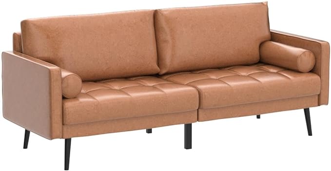 Vonanda Faux Leather Sofa Couch, Mid-Century 73 Inch 3 Seater Leather Couch with Hand-Stitched Comfort Cushion and Bolster Pillows for Living Room,Elegant Cognac Tan - LeafyLoom