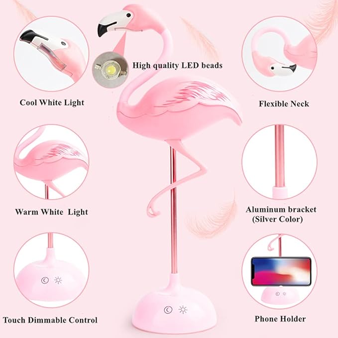 Fantasee Flamingo Desk Lamp USB Bedside Table Lamp Nursery Night Light Touch Dimmable for Child Kids Students Bedroom Living Room Dorm Reading Birthday Party Gift (Pink Flamingo) - LeafyLoom