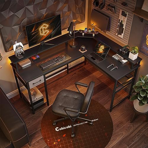 CubiCubi L Shaped Gaming Desk with LED Lights and Power Outlets, 58" Reversible Corner Computer Desk with Storage Shelves and Drawer, Home Office Desk with Monitor Stand, Black - LeafyLoom