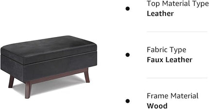 SIMPLIHOME Owen 36 inch Wide Rectangle Small Rectangular Storage Ottoman in Distressed Black Faux Leather, for the Living Room, Family Room and Entryway - LeafyLoom