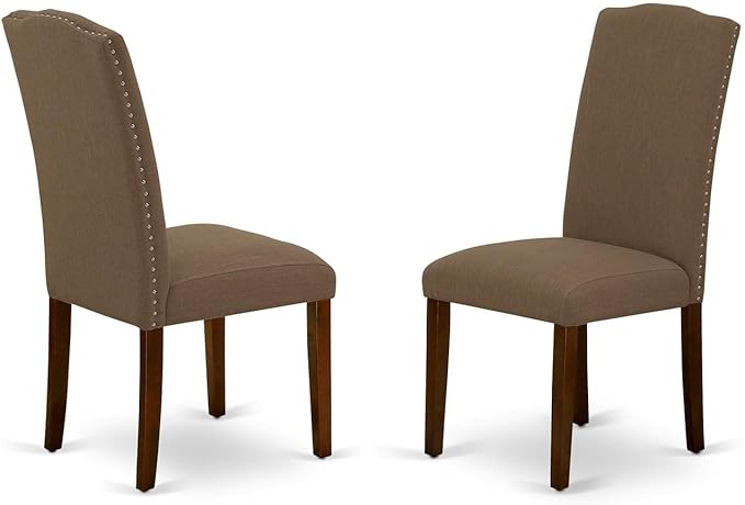 East West Furniture ANEN3-MAH-18 Antique 3 Piece Room Furniture Set Contains a Round Kitchen Table with Pedestal and 2 Dark Coffee Linen Fabric Parson Dining Chairs, 36x36 Inch - LeafyLoom